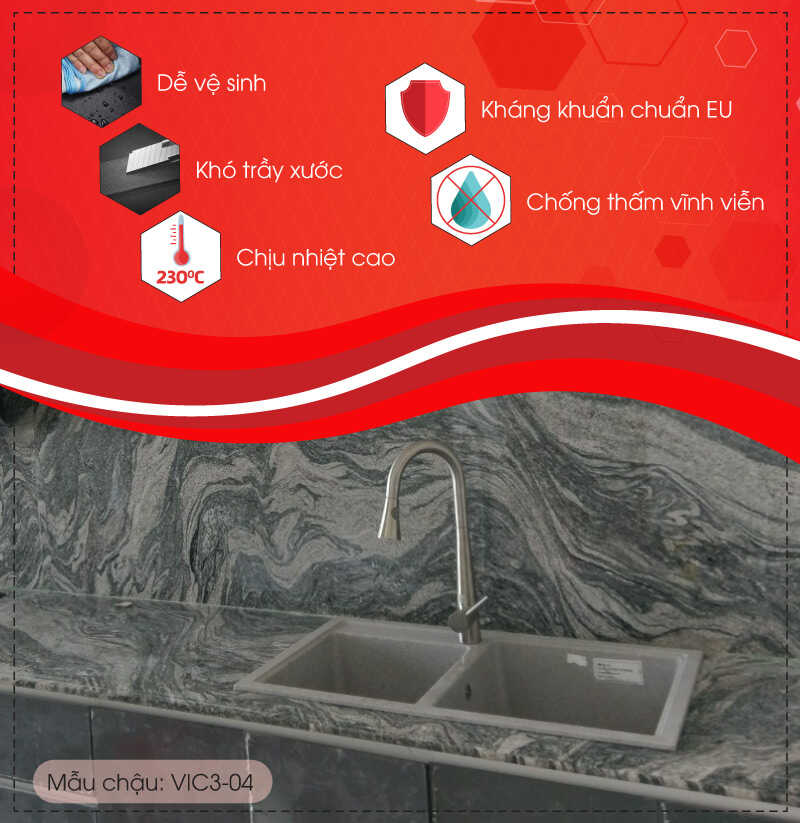 Chậu rửa chén bằng đá Granite 2 hộc VIC3