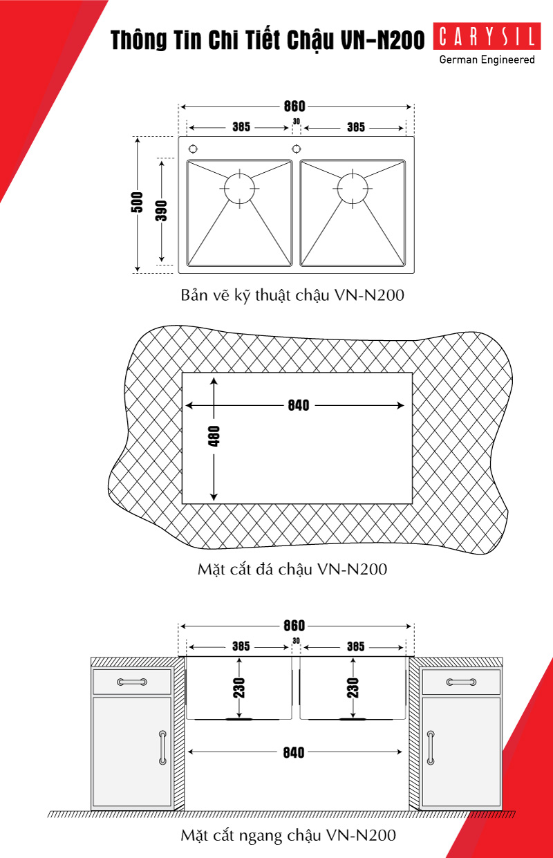 chậu rửa chén bằng Inox304 VN-N200 và chi tiết kích thước