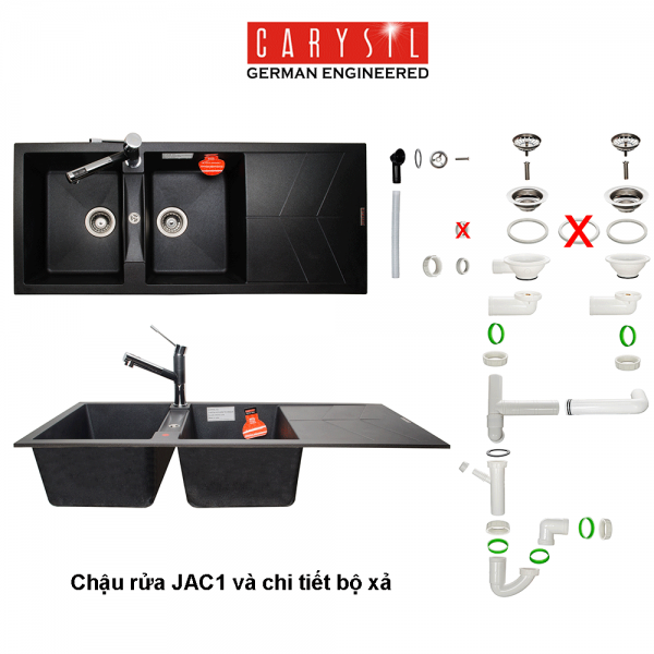 chậu rửa chén bằng đá Granite JAC1 và chi tiết Bộ Xả 