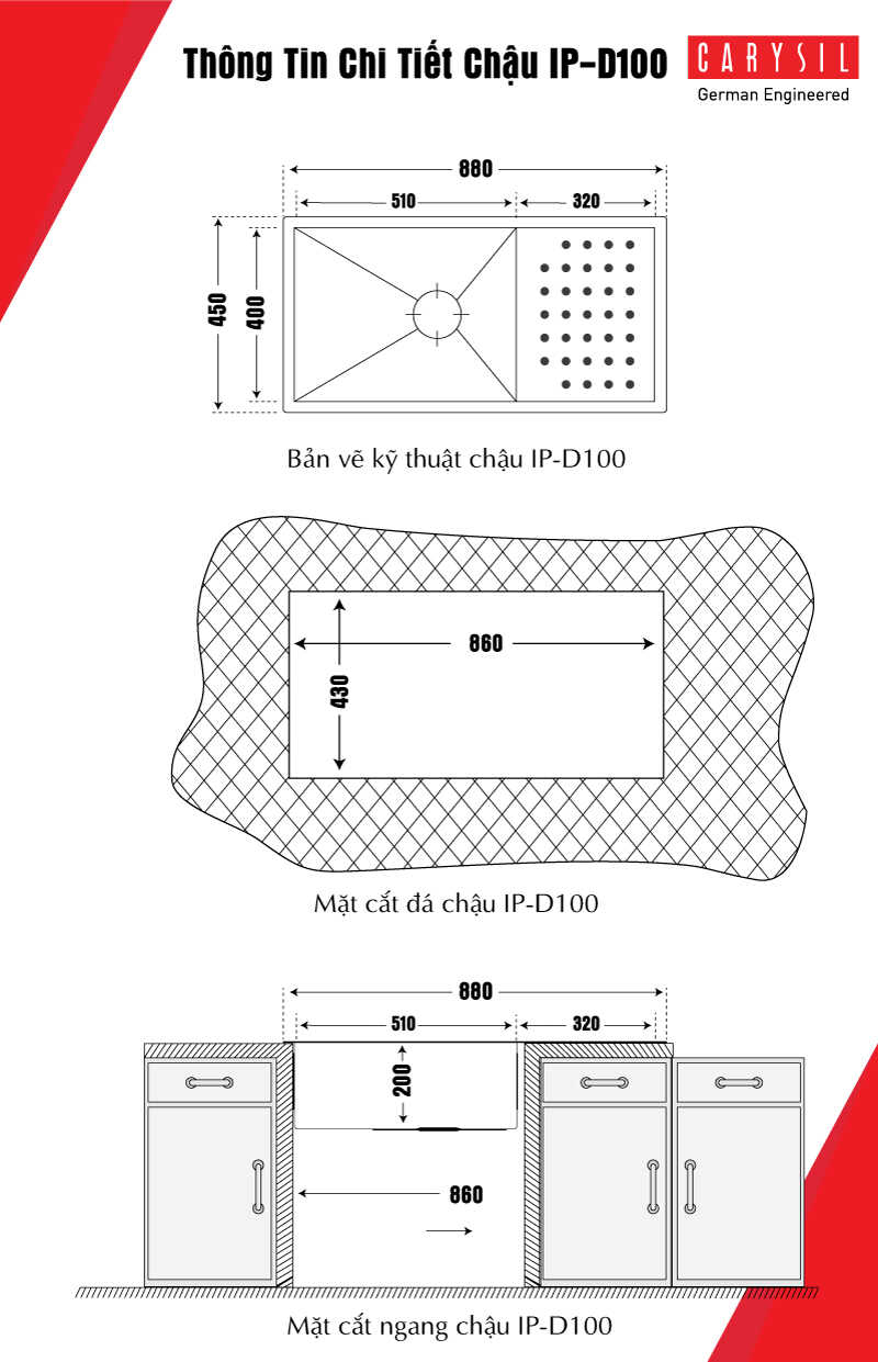 chậu rửa chén Inox304 và chi tiết kích thước sản phẩm IP-D100