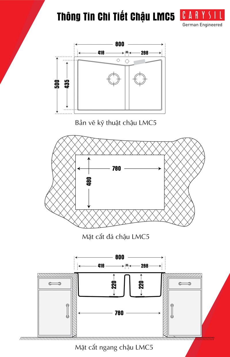 Chậu rửa chén bằng đá Granite 2 hộc LMC5 và bản vẽ chi tiết