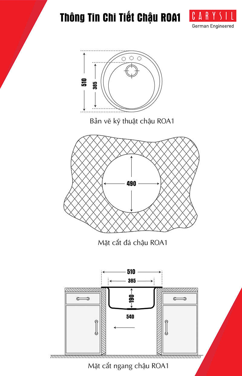 Chậu rửa chén bằng đá đơn tròn ROA1 và thông tin kích thước chậu