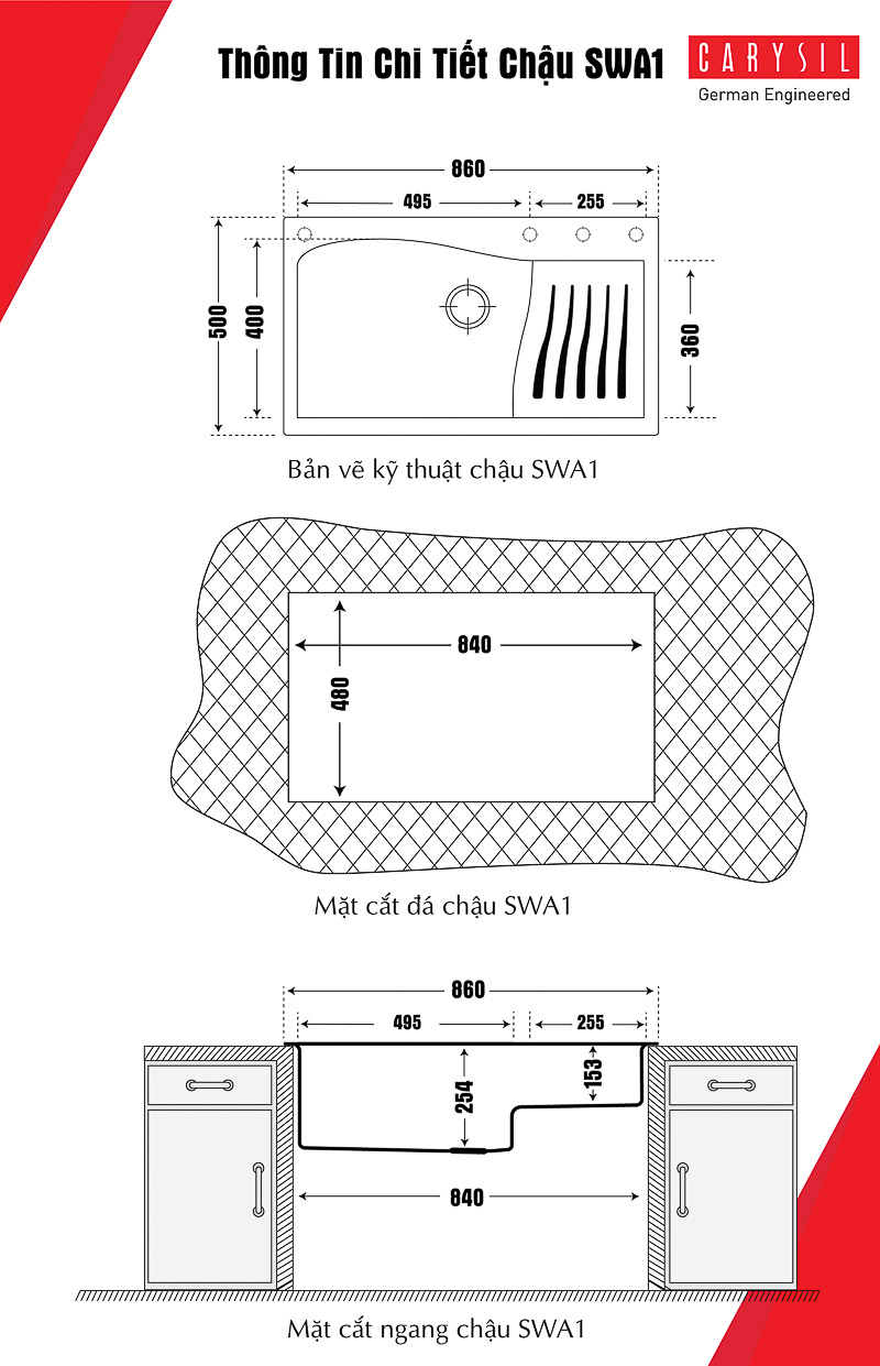 Chậu rửa chén bằng đá SWA1-03 và thông tin kích thước sản phẩm