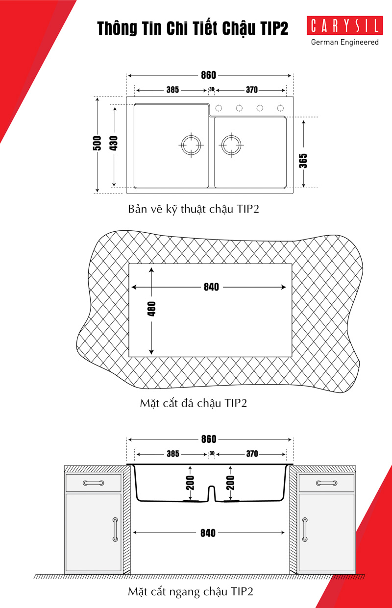 Chậu rửa chén bằng đá Granite 2 hộc TIP2 và bản vẽ chi tiết
