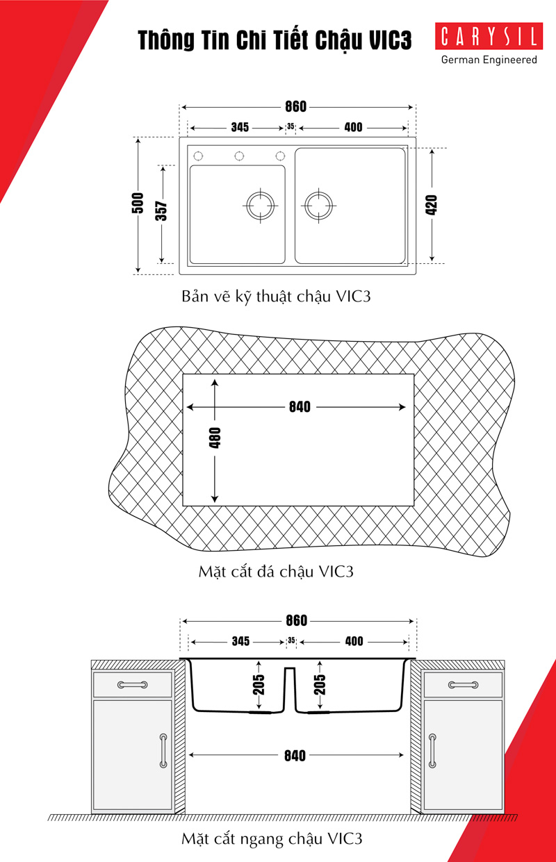 Chậu rửa chén bằng đá Granite 2 hộc VIC3 và bản vẽ chi tiết